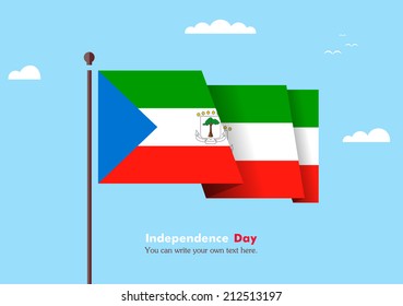Banner fluttering in the wind on a background of clouds. Flat design. Standard on the flagpole. Blue sky. Independence Day. Stock vector. Icon. Image. Illustration. Picture. Flag of Equatorial Guinea