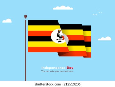 Banner fluttering in the wind on a background of clouds. Flat design. Standard on the flagpole. Blue sky. Independence Day. Stock vector. Icon. Image. Illustration. Picture.  Flag of Uganda