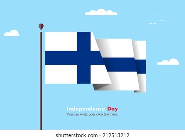 Banner fluttering in the wind on a background of clouds. Flat design. Standard on the flagpole. Blue sky. Independence Day. Stock vector. Icon. Image. Illustration. Picture. Finnish flag
