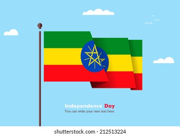 Banner fluttering in the wind on a background of clouds. Flat design. Standard on the flagpole. Blue sky. Independence Day. Stock vector. Icon. Image. Illustration. Picture. Flag of Ethiopia