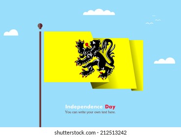 Banner fluttering in the wind on a background of clouds. Flat design. Standard on the flagpole. Blue sky. Independence Day. Stock vector. Icon. Image. Illustration. Picture. Flag of Flanders