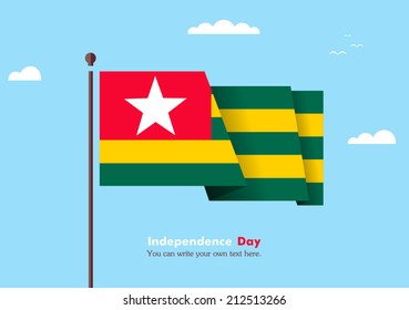 Banner fluttering in the wind on a background of clouds. Flat design. Standard on the flagpole. Blue sky. Independence Day. Stock vector. Icon. Image. Illustration. Picture. Flag of Togo