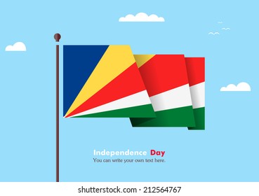 Banner fluttering in the wind on a background of clouds. Flat design. Standard on the flagpole. Blue sky. Independence Day. Stock vector. Icon. Image. Illustration. Picture. Flag of Seychelles