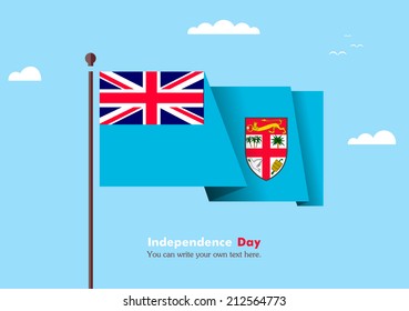 Banner fluttering in the wind on a background of clouds. Flat design. Standard on the flagpole. Blue sky. Independence Day. Stock vector. Icon. Image. Illustration. Picture.  Flag of Fiji