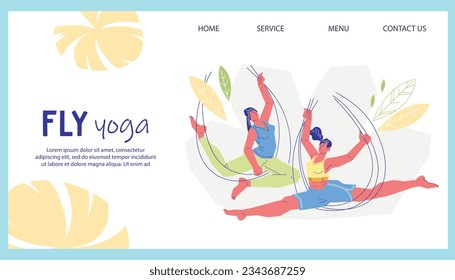 Banner of fly or aerial yoga in a hammock, flat vector illustration on white background. Fly or aerial yoga fitness studio website banner template.