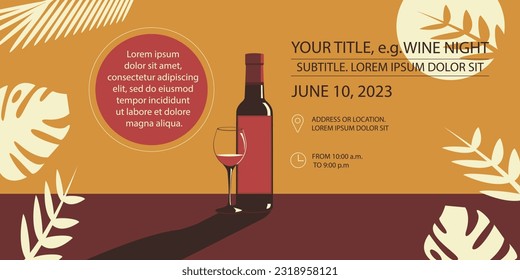 Banner or flyer with a bottle of wine and a glass of wine. Wine night or other event. Add your own text.