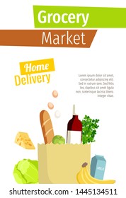 Banner, flyer, brochure design template with grocery bag. Vector illustrations. Grocery market, store, food delivery concept.