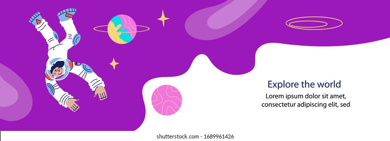 Banner or flyer for Cosmonautics day template with astronaut or spaceman character. Universe research, space journey and world exploring concept. Flat cartoon vector illustration.