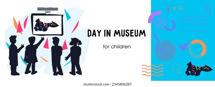 Banner or flyer design for children's excursion to the museum. Museum ticket or poster design with kids looking at exhibits, flat vector illustration.