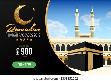 Banner or flyer design for Umrah Packages Ads, book cheap Ramadan umrah packages 2019. Umrah & Hajj Flyer Template. Vector