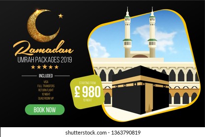 Banner or flyer design for Umrah Packages Ads, book cheap Ramadan umrah packages 2019. Umrah & Hajj Flyer Template. Vector
