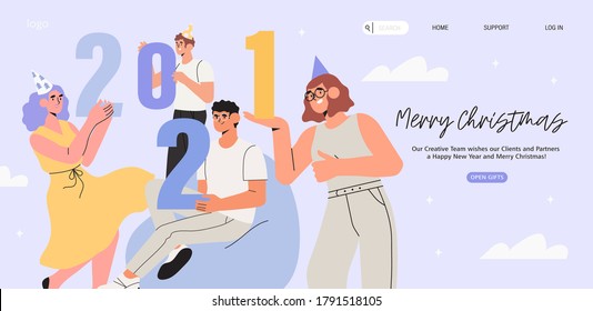 Banner, flyer, landing page with happy  people or office workers, employees hold big numbers 2021. Group of friends or team wish Merry Christmas and happy New Year to their clients. Holiday greeting.