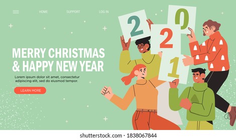 Banner, flyer, landing page with happy  people or office workers, employees hold signs with numbers 2021. Group of friends or team wish Merry Christmas and happy New Year to clients. Holiday greeting.