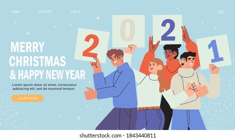 Banner, flyer, landing page with happy  people or office workers, employees hold signs or placard wit numbers 2021. Group of friends or team wish Merry Christmas and happy New Year . Holiday greeting.