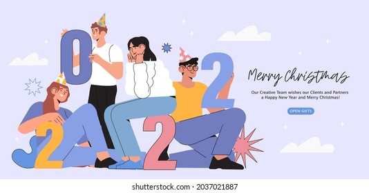 Banner, flyer, landing page with happy  people or office workers, employees hold big numbers 2022. Group of friends or team wish Merry Christmas and happy New Year to their clients. Holiday greeting.