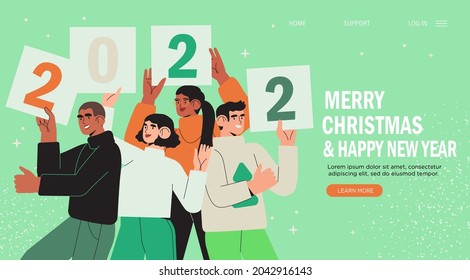 Banner, flyer, landing page with happy  people or office workers, employees hold signs or placard wit numbers 2021. Group of friends or team wish Merry Christmas and happy New Year . Holiday greeting.