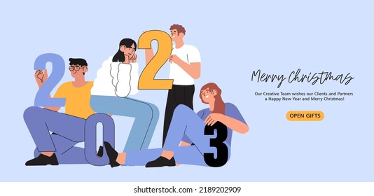 Banner, flyer, landing page with happy people or office workers, employees hold big numbers 2023. Group of friends or team wish Merry Christmas and happy New Year to their clients. Holiday greeting.