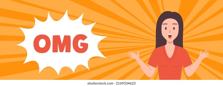 Banner or flyer layout with surprised cheerful woman and OMG text, flat vector illustration isolated on white background. Banner with happy surprised woman.