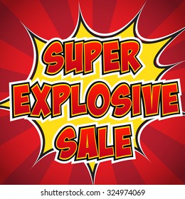 Banner flyer pop art comic Super explosive sale discount promotion. Decorative background with rays explosive in the pop art style.