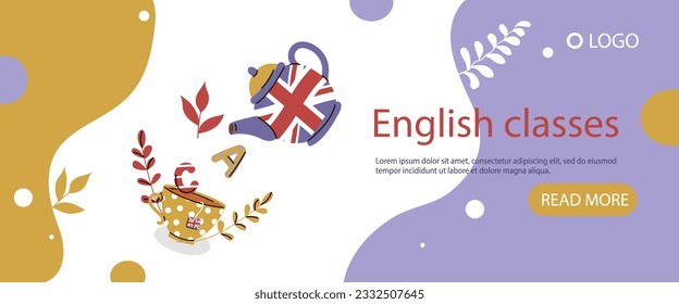 Banner flyer summer english classes. The children are learning English. Isolate on a white background. Vector illustration.
