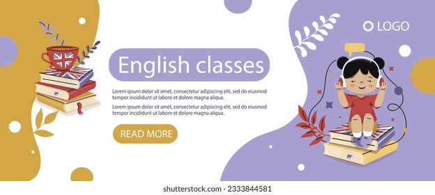 Banner flyer summer english classes online. The children are learning English. Isolate on a white background. Vector illustration.