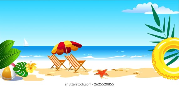 Banner flyer summer resort beach sea exotic leaves sun loungers umbrella white yacht in the sea sandy beach inflatable ball and circle exotic leaves flowers Vector