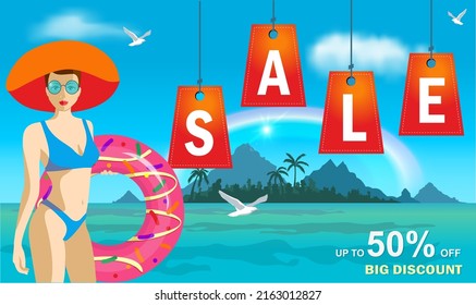 Banner or flyer for summer sale. Girl against the backdrop of the sea with swimming pool. Vector Illustration for special discount offer, advertising, commercial. Summer sale design with 50% discount