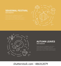 Banner or flyer template with autumn symbols. Fall icons isolated on background and easy to use. Vector card collection.