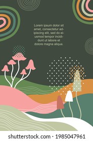 Cartel, volante, diseño de plantilla, hongos abstractos y lugar para el texto