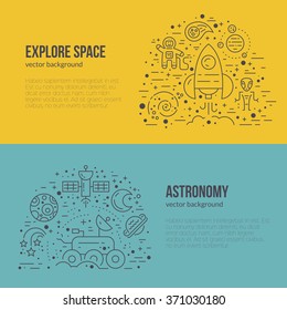 Banner or flyer template with different cosmos items - rover, spaceship, planets, alien, cosmonaut. Line style vector. 