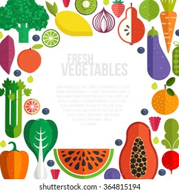 Banner or flyer template with organic fruits and vegetables. Conceptual illustration of healthy food made in flat style vector. Place for your text.