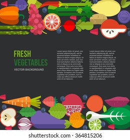 Banner or flyer template with organic fruits and vegetables. Conceptual illustration of healthy food made in flat style vector. Place for your text.