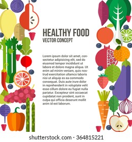 Banner or flyer template with organic fruits and vegetables. Conceptual illustration of healthy food made in flat style vector. Place for your text.