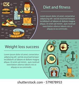 Banner or flyer template. Weight Loss, Diet card. Fitness and health collection. Thin line design. Vector pictograms