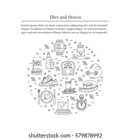 Banner or flyer template. Weight Loss, Diet card. Fitness and health collection. Thin line design. Vector pictograms