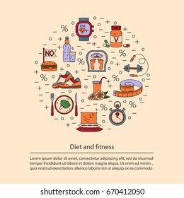 Banner or flyer template. Weight Loss, Diet card. Fitness and health collection. Thin line design. Vector pictograms