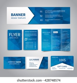 Banner, flyers, brochure, business cards, gift card design templates set with geometric triangular blue background. Corporate Identity set, Advertising, promotion printing 