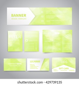 Banner, flyers, brochure, business cards, gift card design templates set with geometric triangular light green background. Corporate Identity set, Advertising, Eco banner, flyer brochure business card