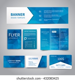 Banner, flyers, brochure, business cards, gift card design templates set with geometric triangular blue background. Corporate Identity set, Advertising, promotion printing 