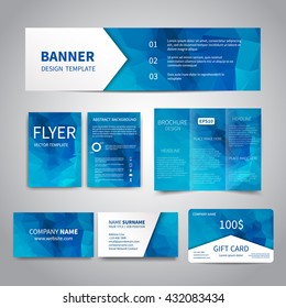 Banner, flyers, brochure, business cards, gift card design templates set with geometric triangular blue background. Corporate Identity set, Advertising, promotion printing 