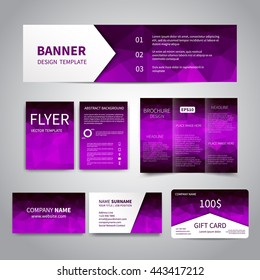 Banner, flyers, brochure, business cards, gift card design templates set with geometric triangular purple and black  background. Corporate Identity set, Advertising flyers, banner, promotion printing 