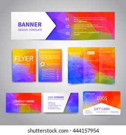 Banner, flyers, brochure, business cards, gift card design templates set with geometric triangular colorful background. Corporate Identity set, Advertising flyers, banner, cards, promotion printing 