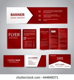 Banner, flyers, brochure business cards gift card design templates set with red striped background Corporate Identity set Merry Christmas and Happy New Year flyers, banner, cards, promotion printing