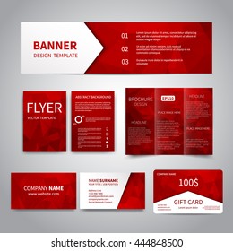 Banner, flyers, brochure business cards gift card design templates set with red geometric background Corporate Identity set Merry Christmas and Happy New Year flyers, banner, cards, promotion printing