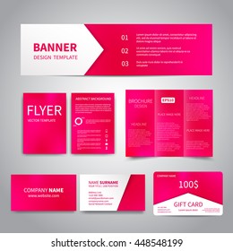 Banner, flyers, brochure, business cards, gift card design templates set with pink mesh background. Corporate Identity set. Advertising, promotion printing. 