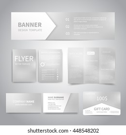 Banner, flyers, brochure, business cards, gift card design templates set with white mesh background. Corporate Identity set. Advertising, promotion printing. 