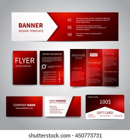 Banner, flyers, brochure, business cards, gift card design templates set with red mesh background. Corporate Identity set. Advertising, promotion printing. 