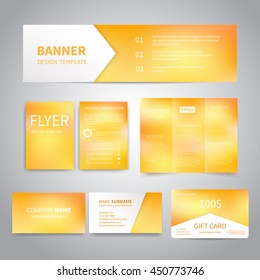 Banner, flyers, brochure, business cards, gift card design templates set with yellow mesh background. Corporate Identity set. Advertising, promotion printing. 