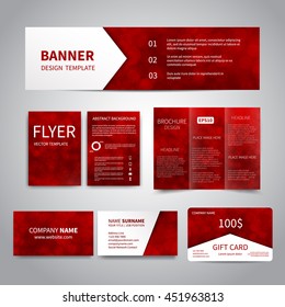 Banner, flyers, brochure, business cards, gift card design templates set with red bokeh lights background. 