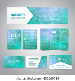 Banner, flyers, brochure, business cards, gift card design templates set with blue bokeh lights background. Corporate Identity set. Advertising, promotion printing. 